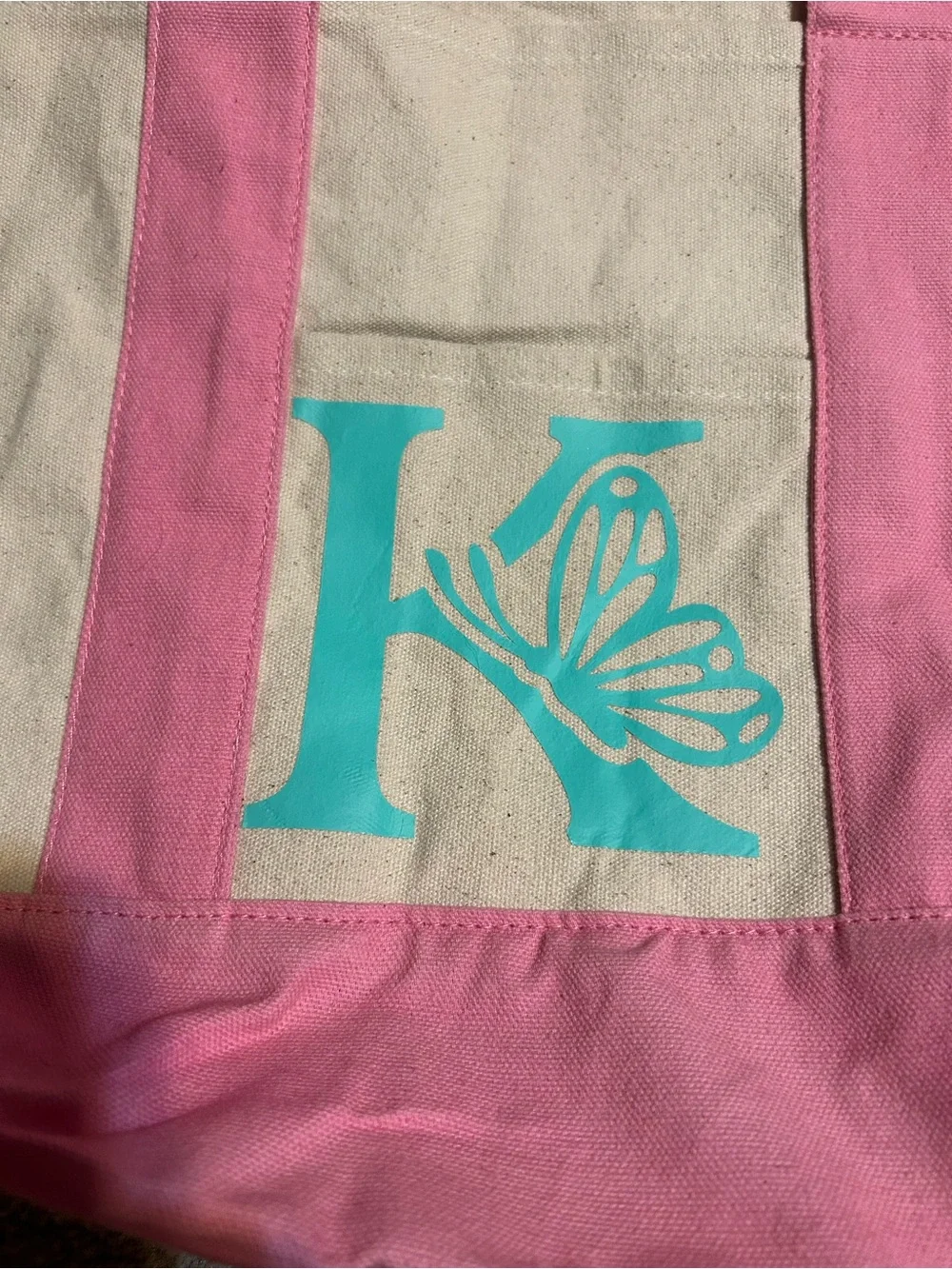 Canvas Tote Bag with Pink Trim and Turquoise Monogram